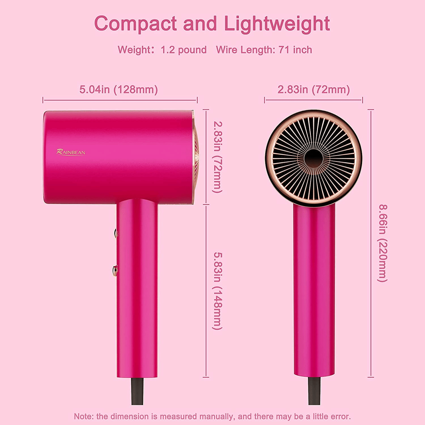 1800W Professional Hair Dryer with Moisturizing Ion Technology – Quiet, Fast Drying, and Frizz-Free