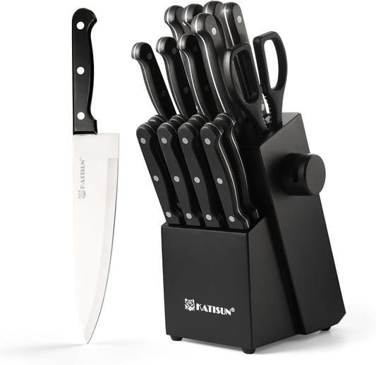Professional Stainless Steel Kitchen Knife Set – 15 Pieces with Wooden Block