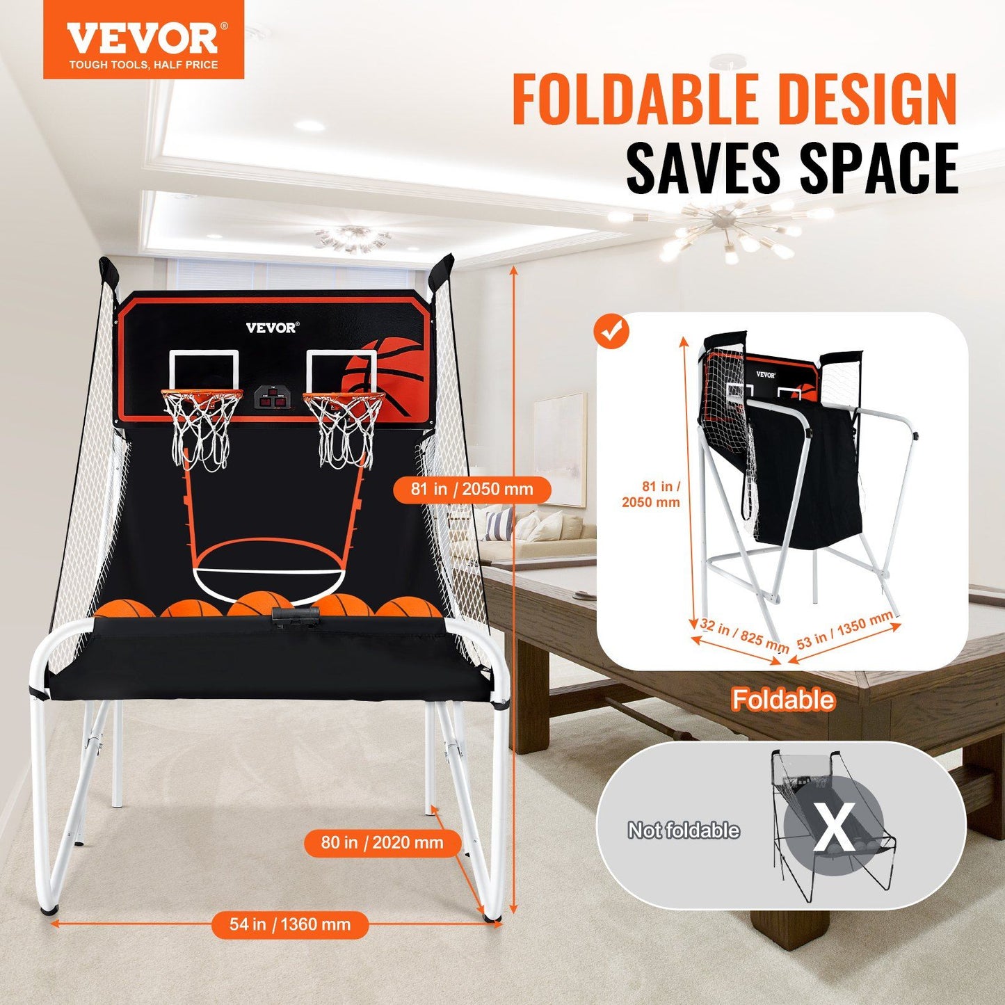 VEVOR 7-Foot Basketball Arcade Game – Dual Hoop, Indoor Game with LED Scoring & 8 Game Modes